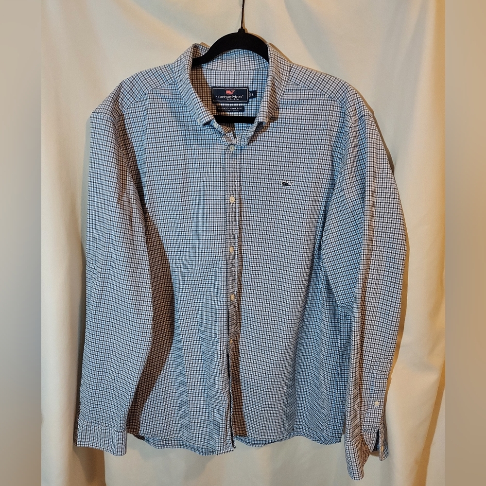 Vineyard Vines Men's Blue And Black Checkered Cotton Button-Down Shirt-XL